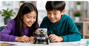 Two ByteBear Academy students building a wheeled robot together