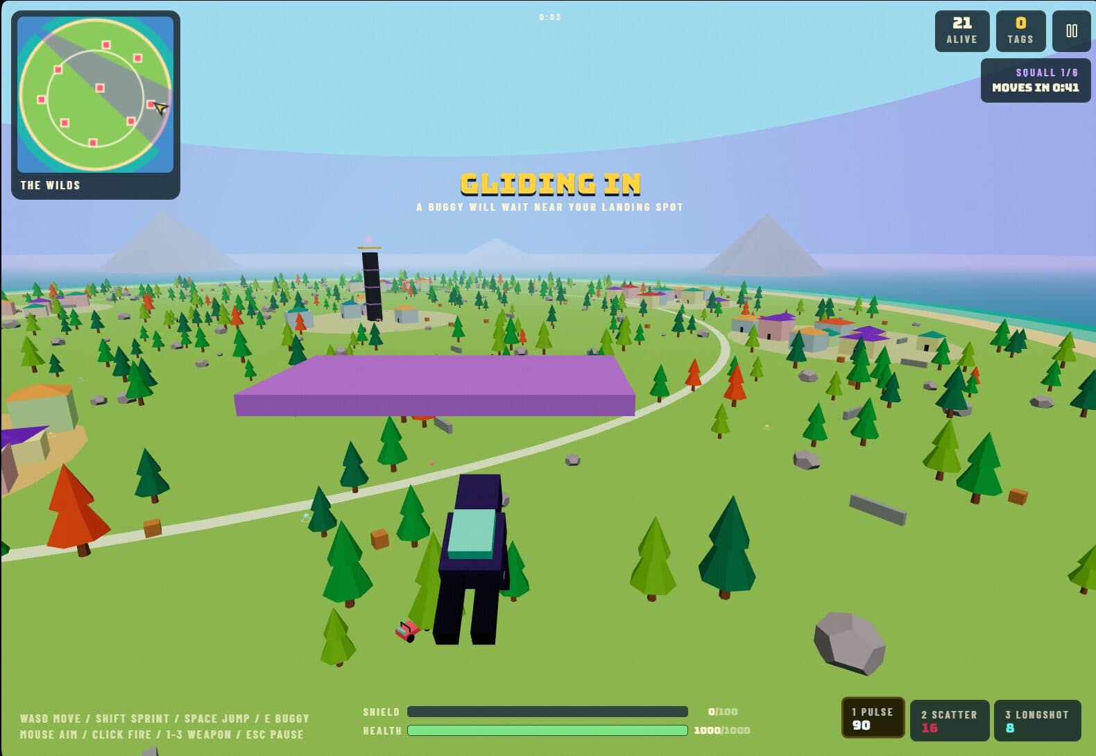 Mason L.'s 3D game: a player gliding onto a low-poly island with a minimap and HUD